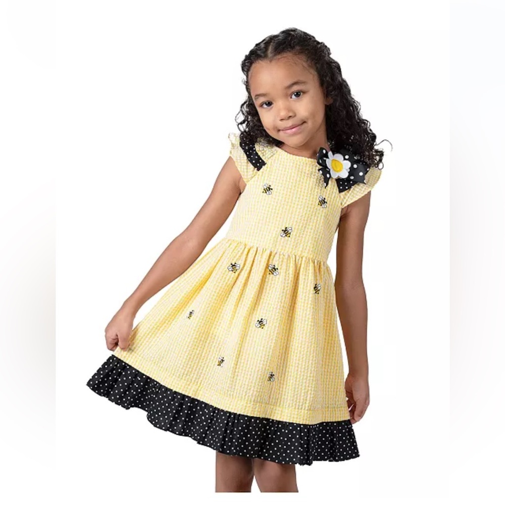 Counting Daisies Plaid Bumble Bee Polka Dot‎ Ruffle Dress Size 4T (Girls)